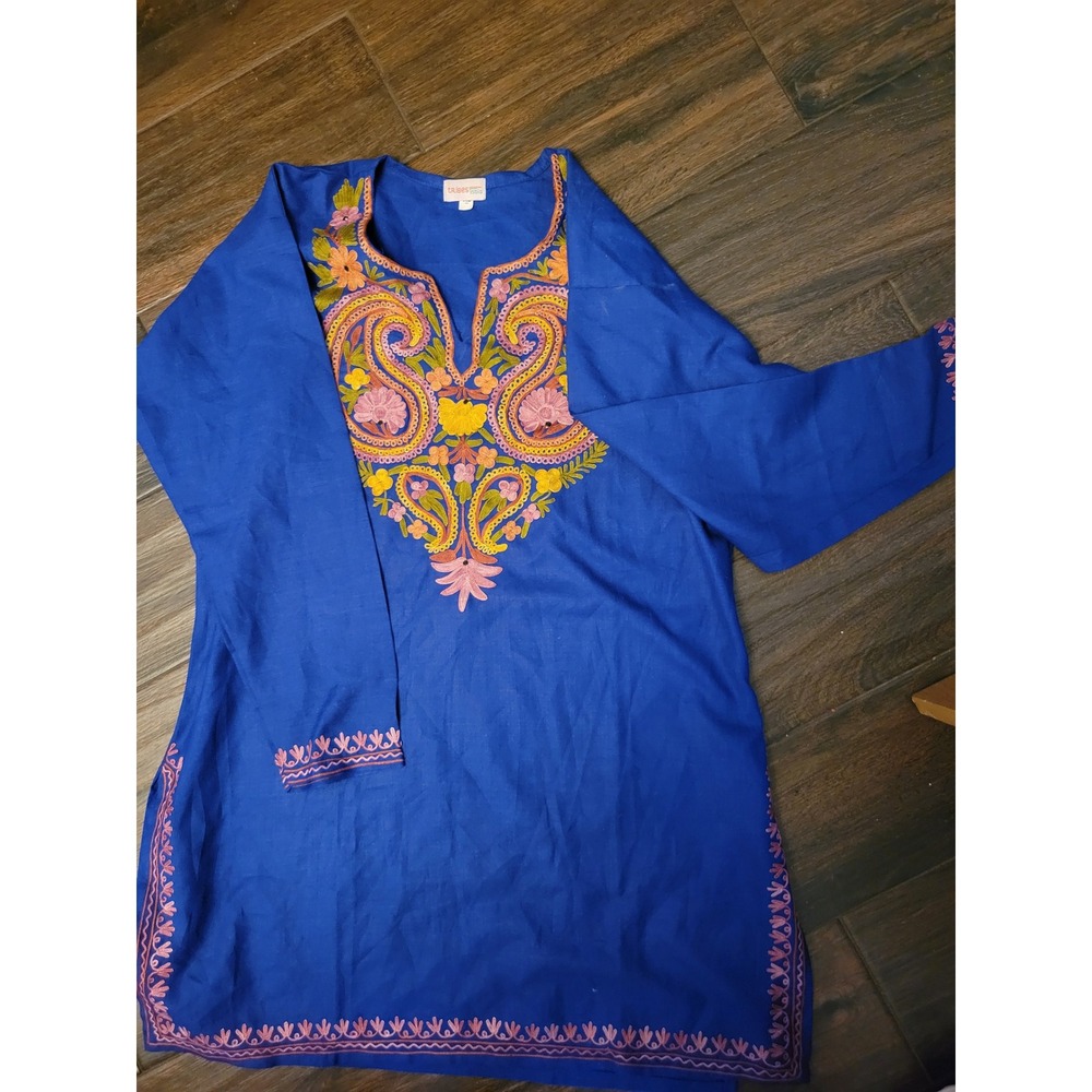Tribes India Blue Embroidered Cotton Tunic Kurti Boho Paisley Top Size XL 603